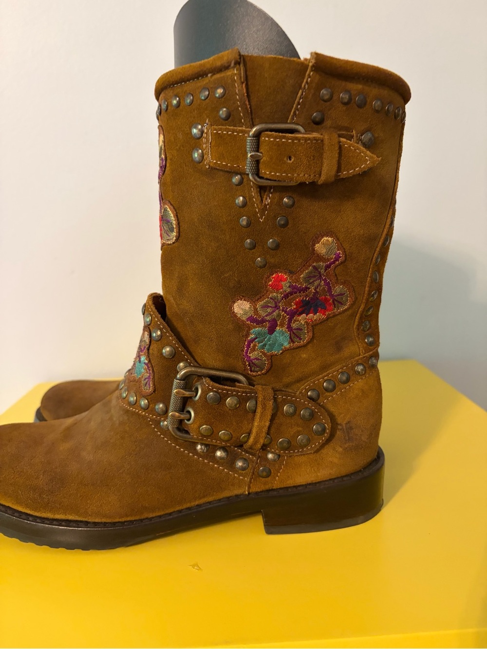 Frye Brown Suede Embroidered Ankle Boots with Multicolor Floral Accents - Picture 2 of 5